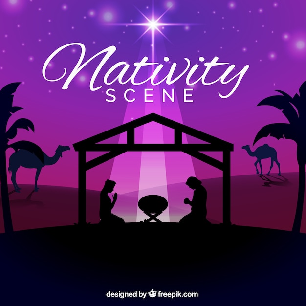 Purple Background Featuring Nativity Scene Silhouette – Free Download