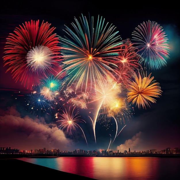 Colorful Fireworks Lighting Up the Night Sky Over the Ocean – Free to Download