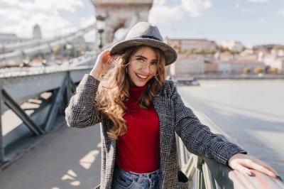 Glamorous European Girl in Red Sweater Enjoying a Sunny Autumn Day – Free Stock Photo, Download for Free