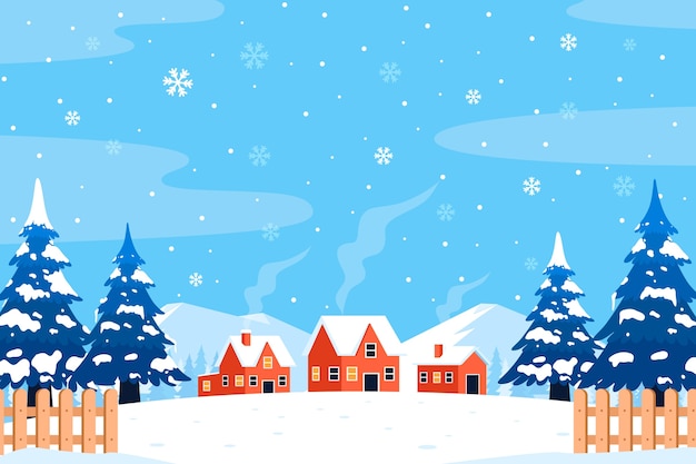 Flat Winter Background Featuring a Snowy Town – Free Download