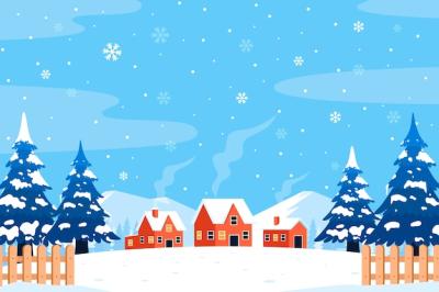 Flat Winter Background Featuring a Snowy Town – Free Download