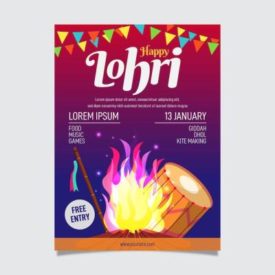 Flat Design Lohri Poster Template – Free Download