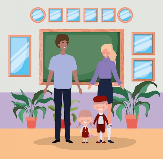 Teacher Couple and Their Young Students in School Corridor – Free Download