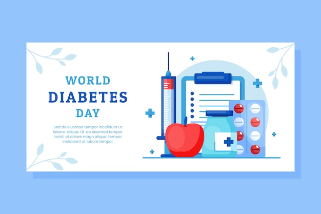 Flat Horizontal Banner Template for World Diabetes Day Awareness – Free Download