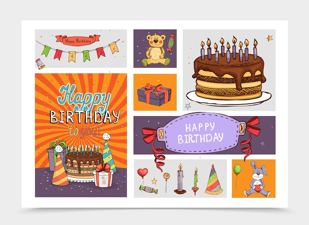 Hand-Drawn Birthday Party Elements Set with Bear, Rabbit Toys, Cake, and Balloons – Free Download