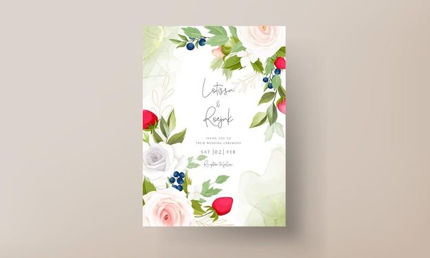 Beautiful Rose Flower Wedding Invitation Card with Botanical Strawberry and Blueberry – Free Download