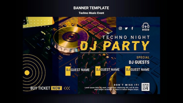 Horizontal Banner Template for Techno Music Night Party – Free Download