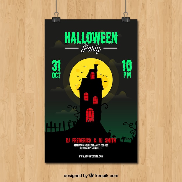 Halloween Party Poster Featuring a Spooky House by Night – Free Download