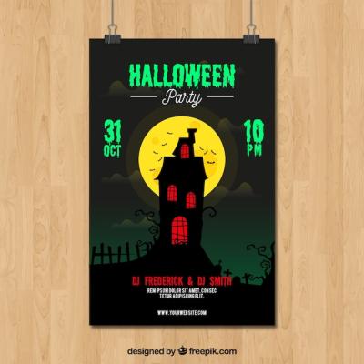 Halloween Party Poster Featuring a Spooky House by Night – Free Download