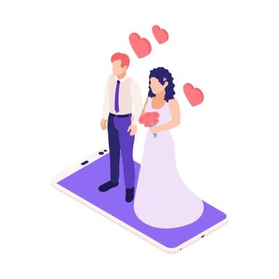 Online Dating Isometric Illustration Featuring Bride and Groom on Smartphone – Free Download