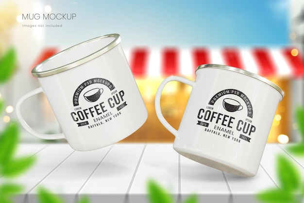 Coffee Cup Mockup Featuring Two Enamel Mugs on Table Top – Free Download