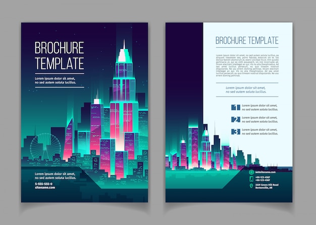 Brochure Featuring a Modern Megapolis at Night: Cartoon Style Booklet with Glowing Buildings – Free to Download