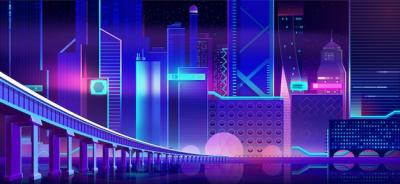 Neon City and Bridge Above Bay Water Surface – Free Download