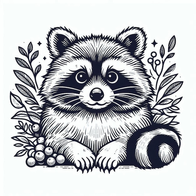 A Black and White Drawing of a Raccoon Surrounded by Berries – Free Download