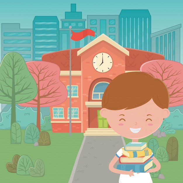 Cartoon Boy and School Building Vector Template – Download Free Stock Photo