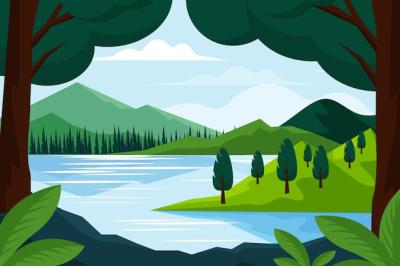 Hand Drawn Flat Design Lake Scenery – Free Stock Photo, Download Free