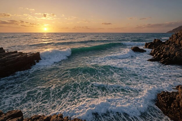 Sunset Serenade: Ocean Waves Caress the Rocky Coastal Shore – Free Download