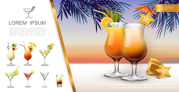 Realistic Tropical Party Concept Illustration with Cocktails – Free Download