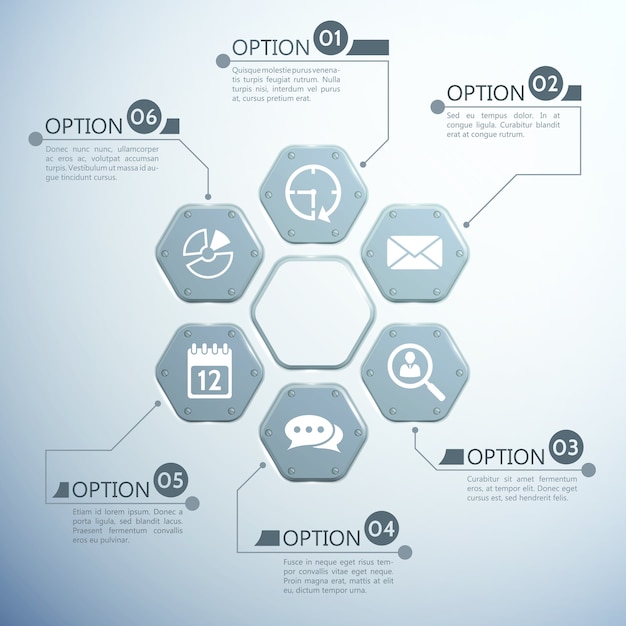 Web Infographic Template Featuring Metal Hexagons and White Icons – Free to Download