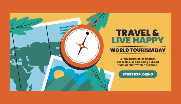 Hand-Drawn Flat Horizontal Banner for World Tourism Day – Free Download