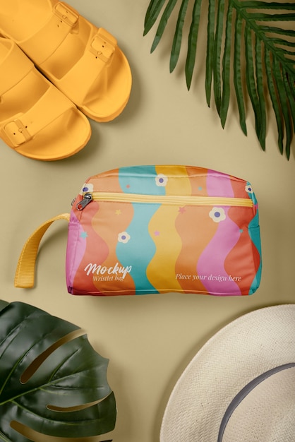 Flat Lay Fabric Wristlet Bag Mockup – Free to Download