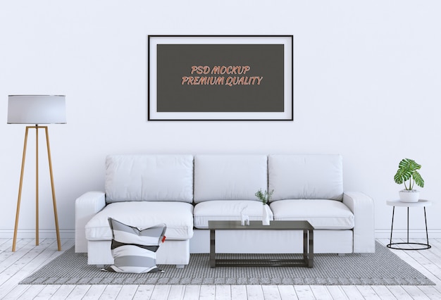 Mock Up Poster Frame in Interior Living Room and Sofa – Free Download