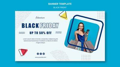 Black Friday Horizontal Banner featuring Woman and Triangles – Free to Download