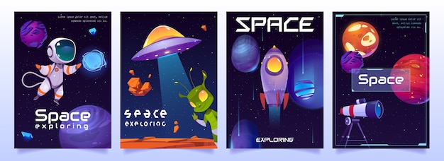 Space Exploring Banners Featuring Cute Aliens, UFOs, Astronauts, Planets, Rockets, and Shuttles – Free Download