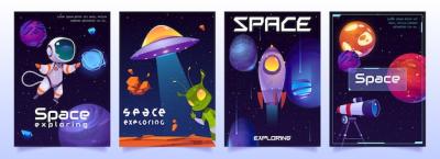 Space Exploring Banners Featuring Cute Aliens, UFOs, Astronauts, Planets, Rockets, and Shuttles – Free Download