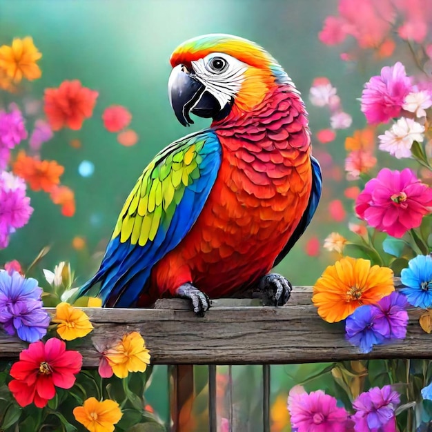 Colorful Parrot on Wooden Fence Surrounded by Flowers – Free Download