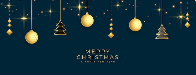 Hanging Merry Christmas Banner with Golden Elements – Download Free Stock Photo