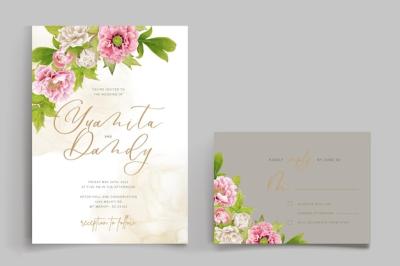 Beautiful Hand Drawn Peony Floral and Leaves Invitation Card Set – Free Download