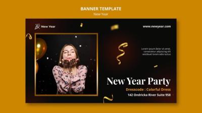 New Year Party Horizontal Banner Template featuring Woman and Confetti – Free Download