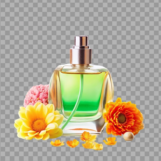 Bottle of Perfume Surrounded by Flowers on Transparent Background – Free Download