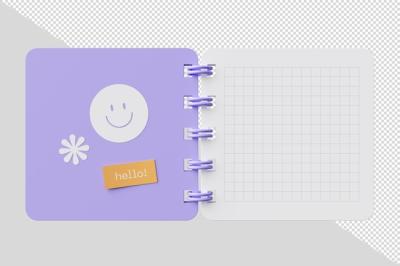 3D Spiral Notebook Cover Featuring Smiley Face Flower Sticker in Purple – Free Download