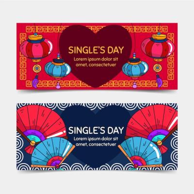 Hand-Drawn Single’s Day Horizontal Banners Set – Free Download