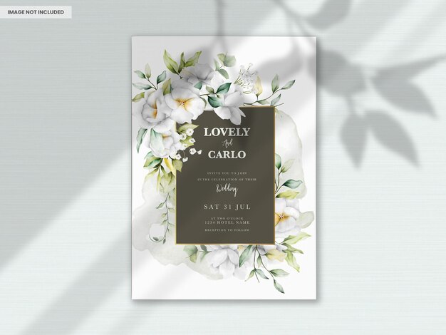 Beautiful Watercolor Wedding Invitation Card with Greenery Leaves and White Flower – Free Download