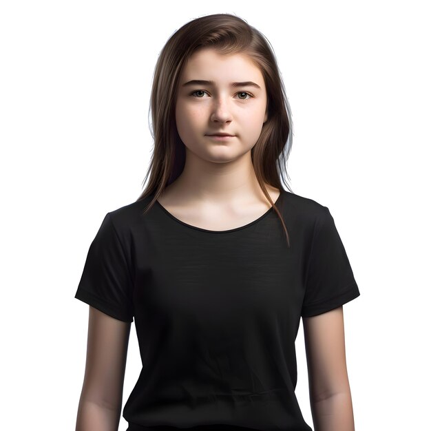 Portrait of a Teenage Girl in a Black T-Shirt on a White Background – Free Download