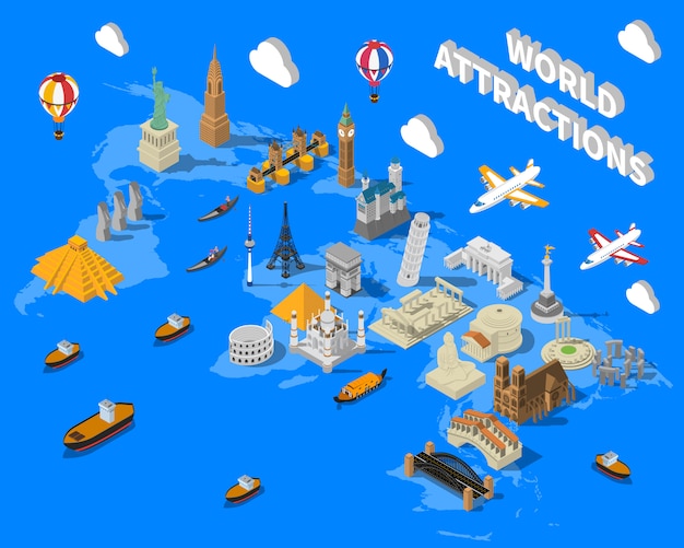 Isometric World Famous Landmarks Map Poster – Free to Download