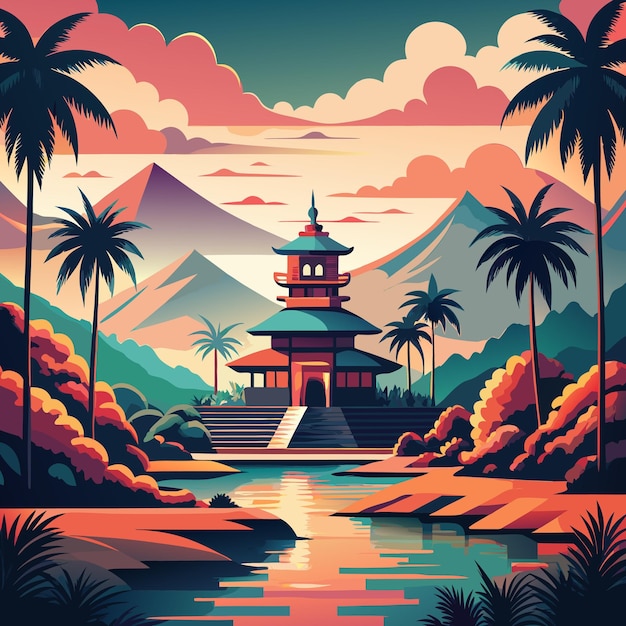 A Stunning Temple Poster Featuring Palm Trees and Majestic Mountains – Free Stock Photo for Download