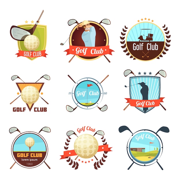 Retro Style Labels for Popular Golf Clubs Featuring Bags, Balls, and Players on Course – Free Download