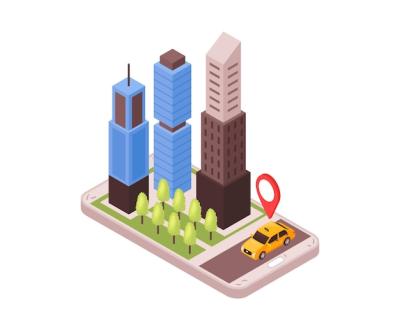 Isometric Taxi Navigation City Block and Cab Smartphone Illustration – Free Download