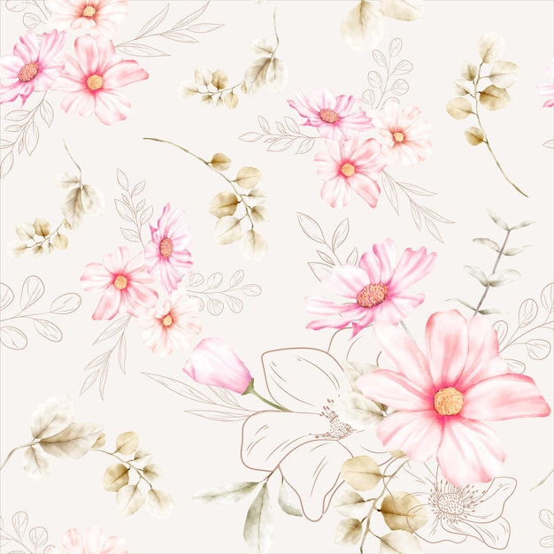 Elegant Flower Line and Watercolor Floral Seamless Pattern – Free Download