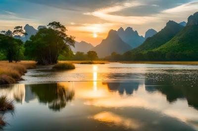 A Stunning Sunset Over a Lake Surrounded by Mountains – Free Download