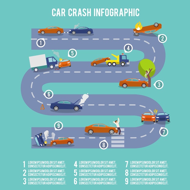 Car Crash Infographic Set Featuring Damaged and Burning Vehicles – Free to Download