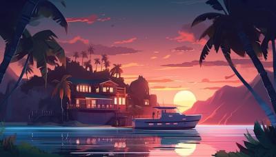 Island Landscape Featuring a Luxury Villa and Yacht at Sunset – Free Download