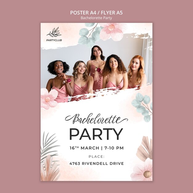 Bachelorette Party Vertical Poster Template with Watercolor Floral Design – Free Download