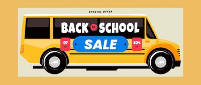 Flat Back to School Sale Horizontal Banner Template Featuring School Bus – Free Download