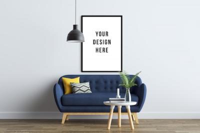 Poster Frame Mockup Interior Featuring Sofa and Decoration – Free Download