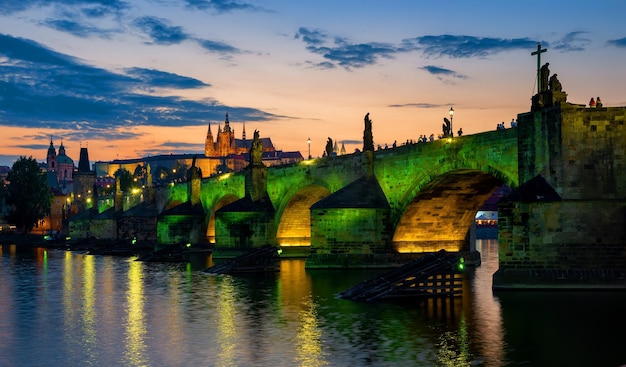 Illuminated Charles Bridge at Sunset in Prague – Free Stock Photo Download